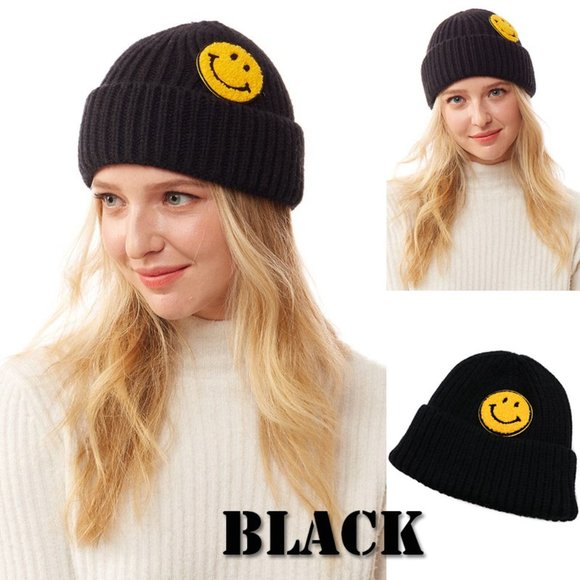 NEW Smile Smiley Happy Face Patch Cozy Soft Rib Knit Beanie Hat Ivory Black Gray - Picture 9 of 14